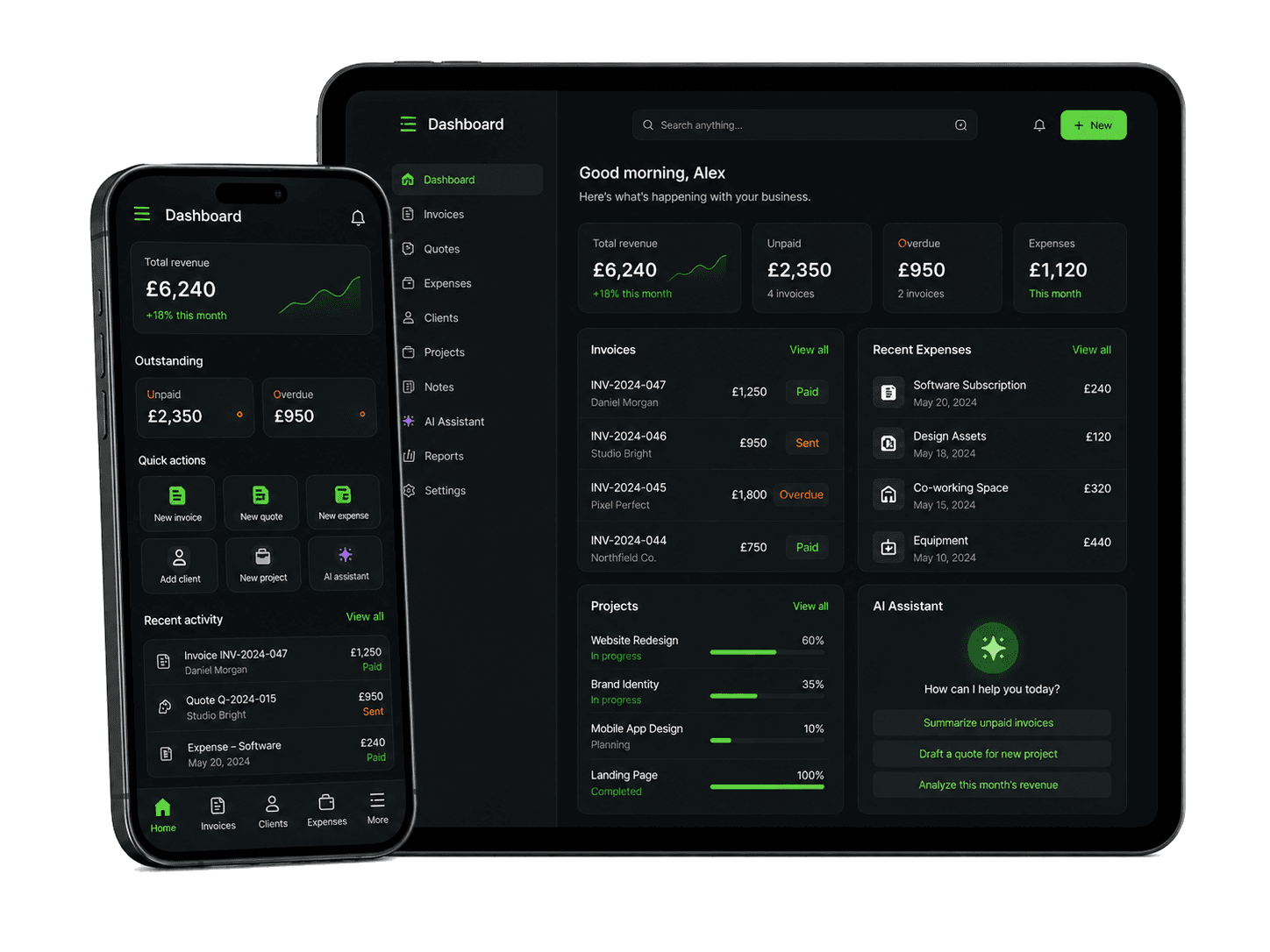 Invoicey-Dashboard-Vorschau auf Laptop und Smartphone