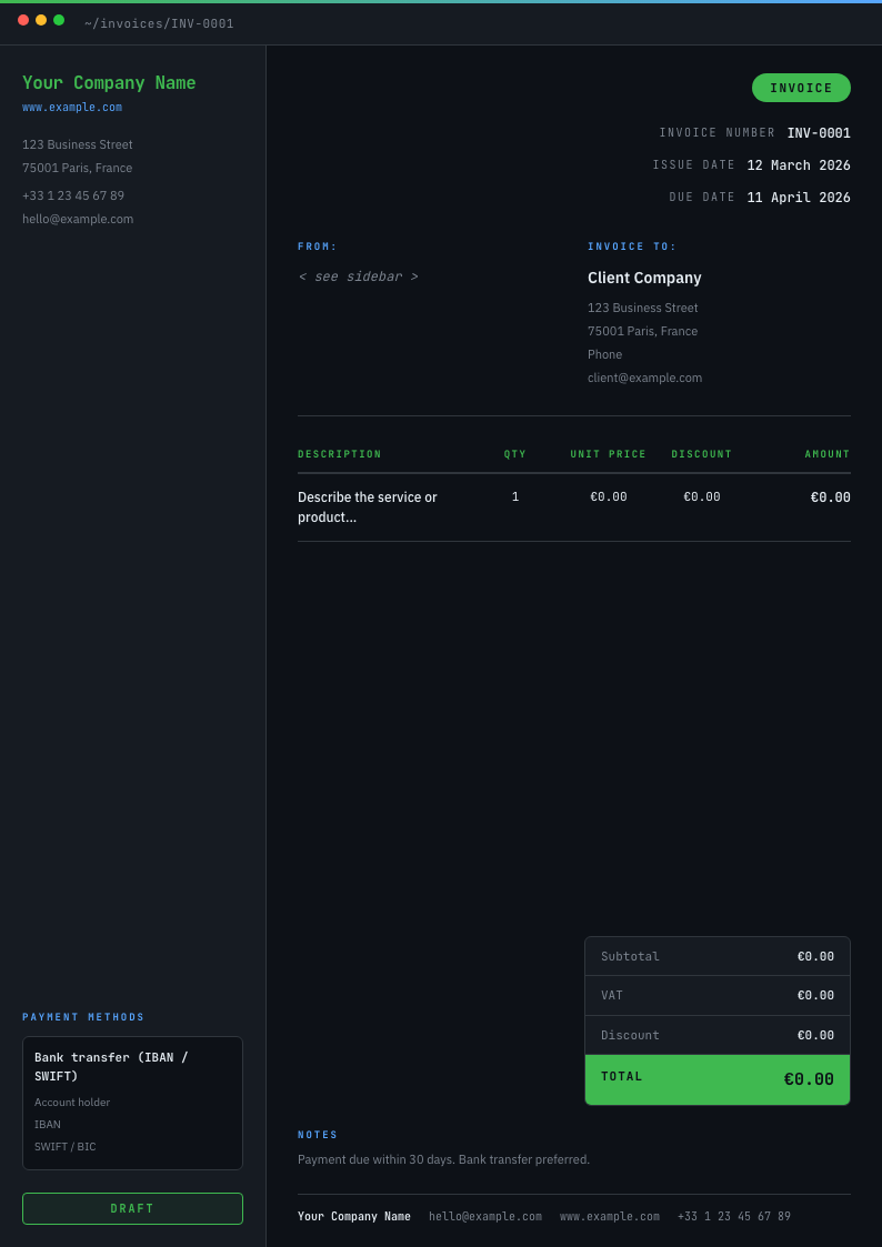 Developer Terminal invoice template preview
